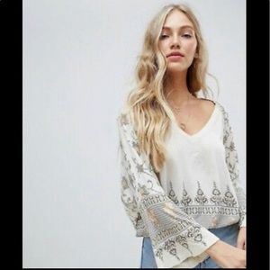 Free People White and Gray Embroidered Top